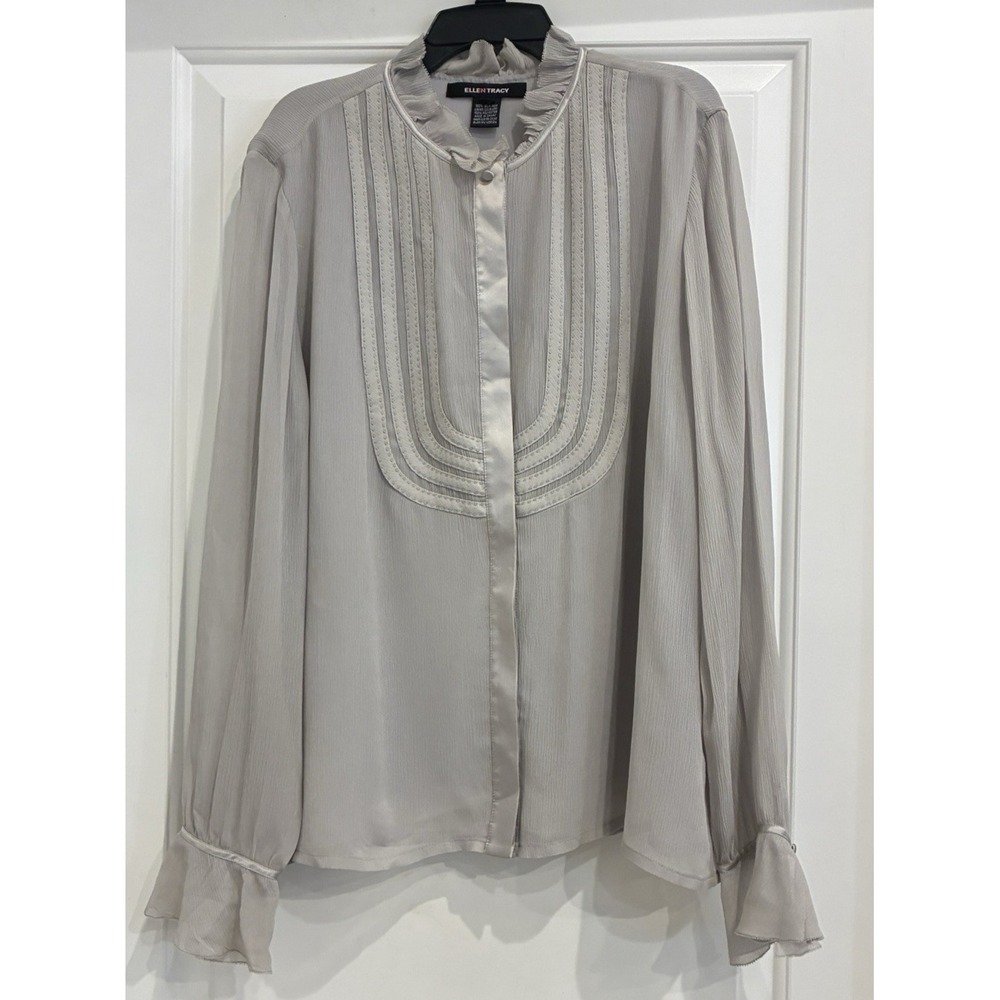 Ellen Tracy  100% Silk‎ Victorian Blouse Size L Gray Ruffle Office